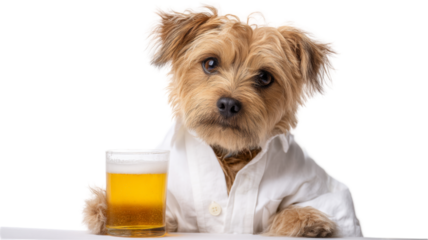Norfolk terrier wearing white shirt drinking beer isolated on transparent background