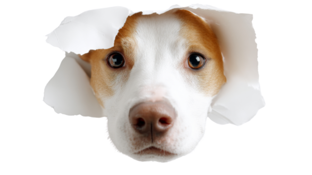 Curious dog peeking through torn paper hole on transparent background