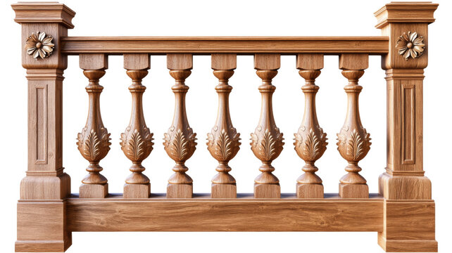 Classic wooden balustrade with carved floral details on transparent background