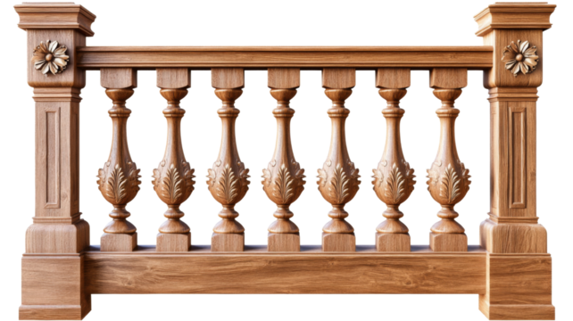 Classic wooden balustrade with carved floral details on transparent background