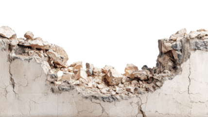 Broken concrete wall with transparent background representing destruction