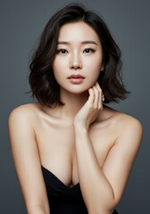 Naklejka premium Stunning Asian Woman with Short Wavy Hair, Elegant Jewelry, and Smooth Skin: Beauty, Fashion, and Luxury Concept