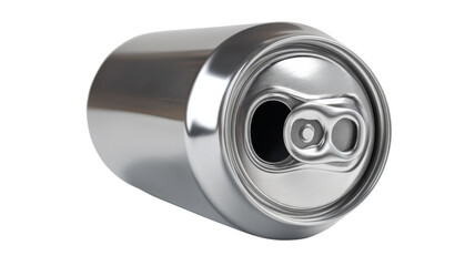 Open silver soda can lying on transparent background