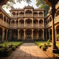 Fototapeta premium A historic Bengali mansion with ornate architecture, including large courtyards, traditional wooden carvings, and lush gardens.