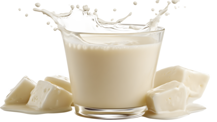 A glass of milk with a splash of milk on the side. The milk is white, and the splash is white as well