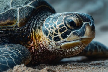 Obraz premium A sea turtle rests on a sandy beach, its intricately textured shell catching the light in a tranquil, close-up shot ideal for marine conservation campaigns.