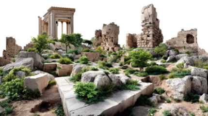 Ancient Ruins Landscape: Overgrown ancient ruins with stone structures, columns, and lush greenery, showcasing the passage of time and the remnants of a bygone era.