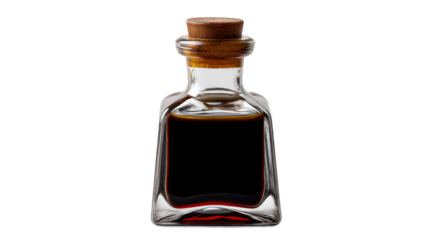 Glass bottle containing soy sauce with wooden cork on transparent background