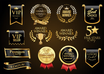 VIP and premium emblem and badges black and gold color isolated on black background stock illustration