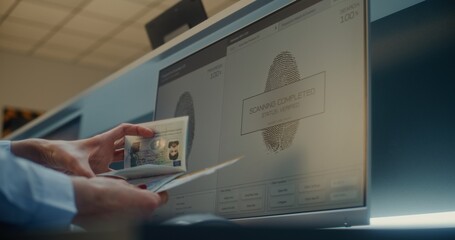 Airport Check-in Counter: Airline Agent Checking Documents, Airplane Ticket in Airport Terminal....