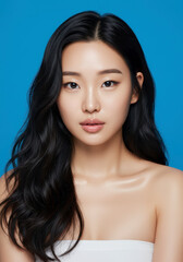 Obraz premium Stunning Portrait of a Young Asian Woman with Long, Wavy Black Hair and Radiant Skin, Perfect for Beauty, Fashion, and Cosmetics Advertising