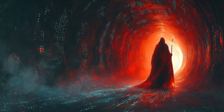 Digital Traveler in a Cyberpunk Tunnel of Binary Code and Holograms Exploring Mythology and Destiny in a Surreal Matrix
