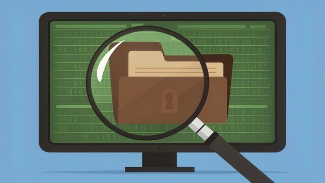 Digital folder under magnifying glass on a binary code background., cybersecurity concept