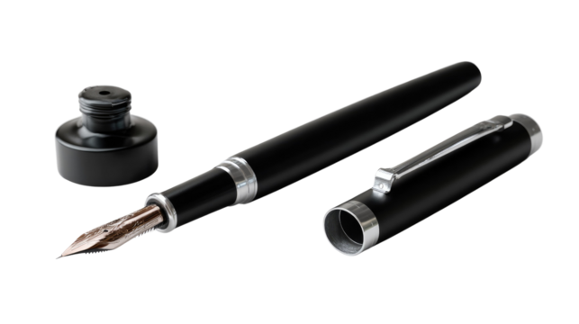 Vintage Fountain Pen and Inkwell: A sophisticated black fountain pen with a silver trim lies alongside its inkwell, embodying classic elegance and timeless writing.