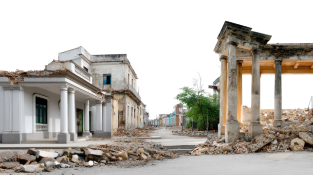 Decayed Architecture: An artistic view of historical buildings ruins, each bearing the scars of time and the elements.