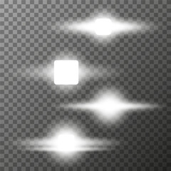 Four different glowing elements, on a transparent background, a square light source with horizontal rays, with soft diffusion, to create lighting effects, glare and shine in the design. Vector illustr