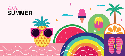 Hello Summer Colorful Illustration with Pineapple, Ice Cream, and Flip-Flops


