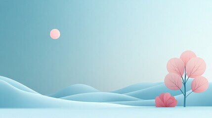 3d render of a minimalist pastel blue landscape with pink trees and moon