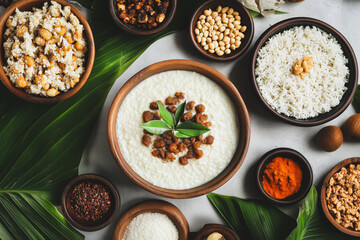 top table view of rice pudding Riz bi Haleeb