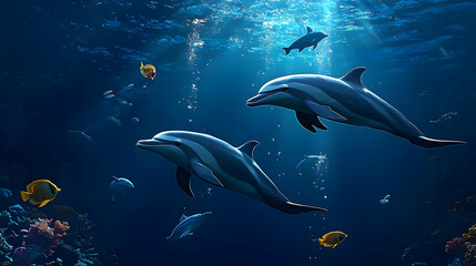 Fototapeta premium Two Pixel Art Dolphins Swimming Underwater in a Vibrant Blue Ocean with Colorful Tropical Fish and Coral Reef