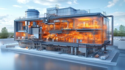 detailed animated cutaway diagram showcasing the internal structure,heat transfer process of a compact small modular reactor smr nuclear power system,stock image