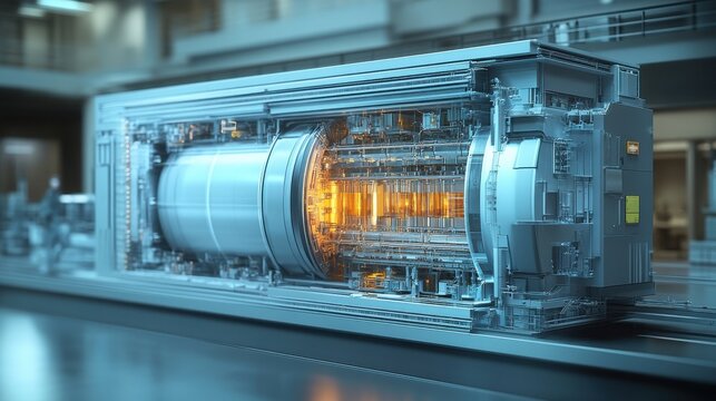detailed animated cutaway diagram showcasing the internal structure,heat transfer process of a compact small modular reactor smr nuclear power system,photo stock