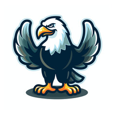 Obraz premium A cartoon bald eagle vector illustration features a flying bird with prominent wings, a black head, and a symbolic American flag.