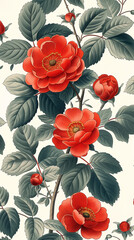 Patr&oacute;n de flores y hojas inspirado en el siglo XVIII con fondo blanco repetido.