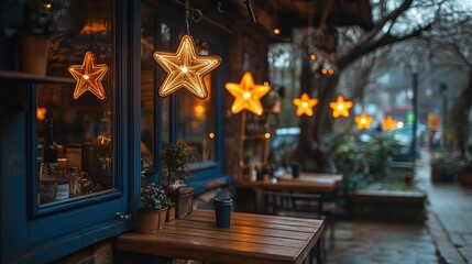 Cozy cafe, star lights, evening street, winter ambience, outdoor seating
