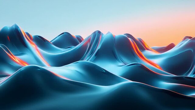 Abstract, vibrant, liquid landscape of flowing, smooth,  3D mountains