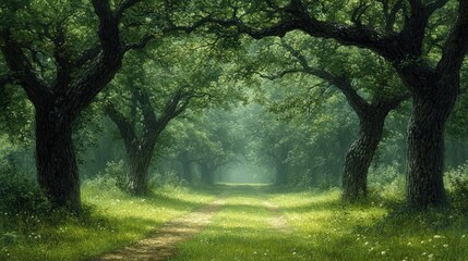 Obraz premium Tranquil Forest Pathway Surrounded by Lush Green Trees in Nature
