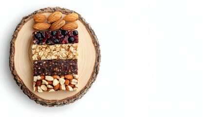 Natural ingredients energy bar and nut fruit bar on wood slice soft daylight overhead angle highlighting details