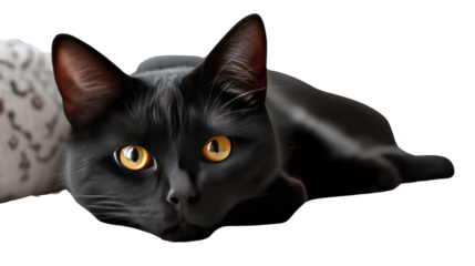 Black Cat with Alert Gaze: A black cat with captivating golden eyes stares intently at the camera, showcasing its sleek black fur and enigmatic charm.