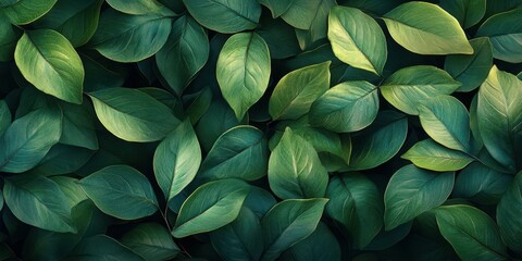 Obraz premium Lush green leaves creating a vibrant, natural background in soft sunlight during the late afternoon