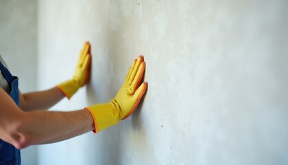 Worker applying finishing touches with gloves on a wall  