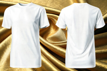 Elegant white t shirt design intricate texture shown on golden silk front and back views luxurious