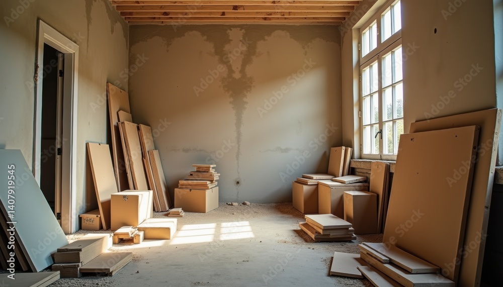Poster empty room with stacked boxes and sunlight through windows