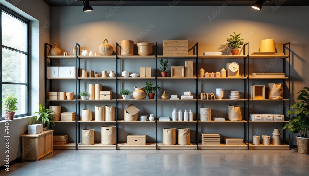 Poster Modern shelving unit displaying stylish decor and storage boxes  