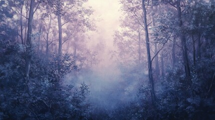 Naklejka premium Realistic landscape painting of a misty forest at dawn, soft purples and blues blending in the fog, with detailed textures of trees and foliage.