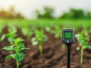 Closeup of a weather sensor mounted on a crop field, tracking microclimate conditions