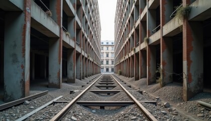 Fototapeta premium Abandoned building corridor with railway tracks in urban setting 