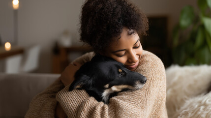 Obraz premium Dog and owner joyfully reunited in a cozy home environment