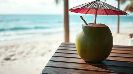 Refreshing Coconut Water on Tropical Beach Table &ndash; Summer Hydration Concept