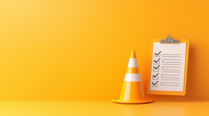 Orange traffic cone with checklist on bright yellow backdrop