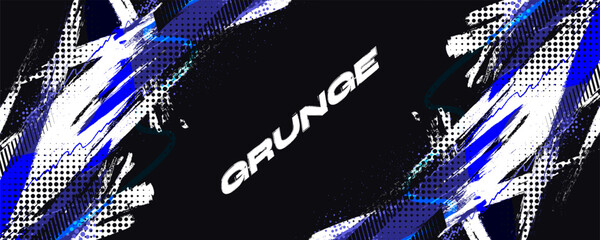 Grunge Sports Banner with Blue and White Brush Strokes on Black Background in Halftone Style