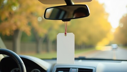 Car interior with blank tag hanging, autumn background lighting  