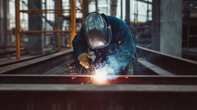 Steelworker welding a structural beam at a construction site. Featuring precision and safety