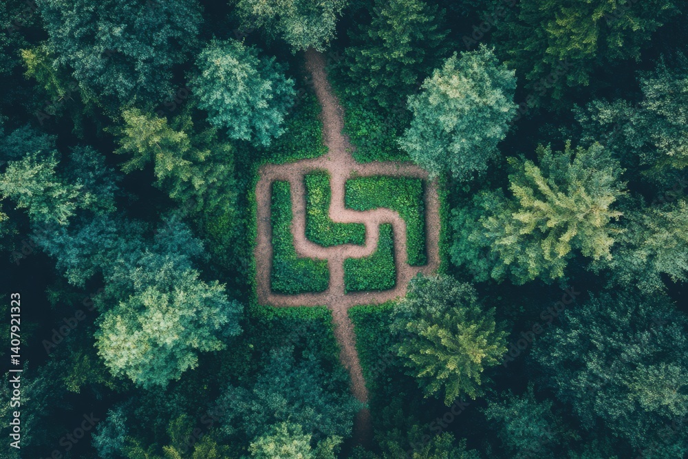Poster Navigating through a forest maze with winding paths surrounded by lush greenery