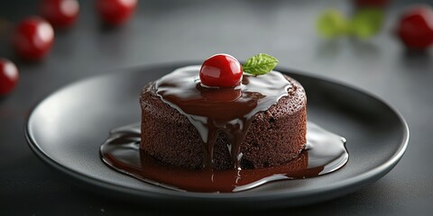 Decadent chocolate dessert served on a plate with cherry topping and mint leaf in a cozy setting