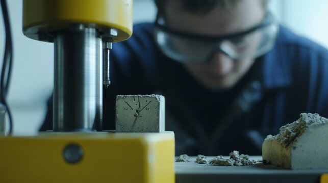 Structural engineer testing concrete strength using a hydraulic pressure machine. Featuring assessment and durability